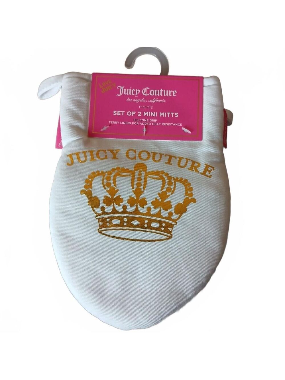 Juicy Couture Mini Oven Mitt Set Gold Crown Hearts White Kitchen NWT 2 Piece Set